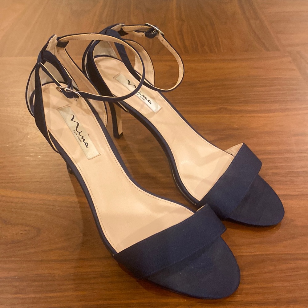 Nina Navy Satin Strappy Heels